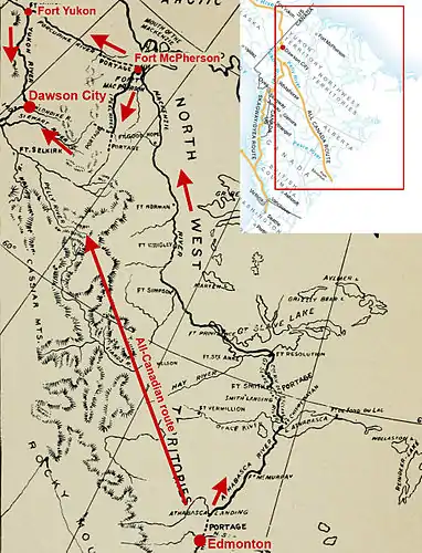 Routes Edmonton. La grande flèche part d'Edmonton et rejoint le fleuve Yukon via la rivière Pelly et des portages. La flèche noire suit la rivière McKenzie. Les flèches dans le coin supérieur gauche relient Fort Yukon à Dawson City.