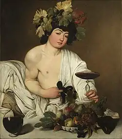 Peinture du dieu Bacchus à demi allongé, tenant un verre de vin à la main et regardant le spectateur en face.