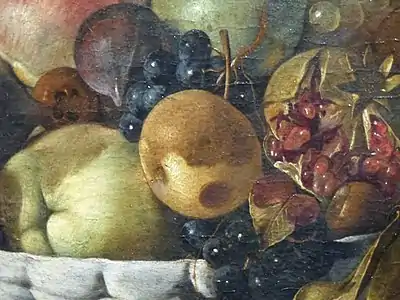 Peinture de fruits et de feuilles, certains touchés par la pourriture.