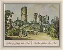 Illustration coloré montrant les ruines d'un château.