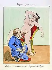 Position assise (caricature anonyme de Napoléon III honorant sa maîtresse, Marguerite Bellanger).