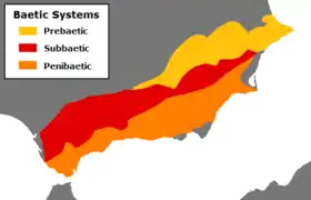 Carte du Sud de l'Espagne représentant les cordillères Bétiques ; la cordillère Pénibétique en orange.