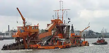 Drague à godets dans le port de Hambourg