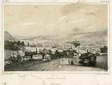 Lithographie en noir et blanc montrant une vue d'ensemble de la ville.