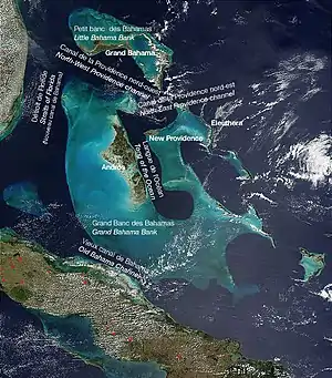 Détroits et canaux autour des îles du BahamasD'après MODIS, avec l'autorisation de la NASA