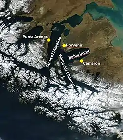 Image satellite de la baie Inutile et du détroit de Magellan.