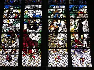Photo vitrail : décollation de saint Jean-Baptiste, disciples d'Emmaüs, Femmes au tombeau et le « noli me tangere ».
