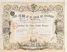 Action de 500 francs de la Société Anonyme de Bains de Mer et du Cercle des Étrangers à Monaco, société d'exploitation du casino de Monte-Carlo, émise le 10 février 1884.