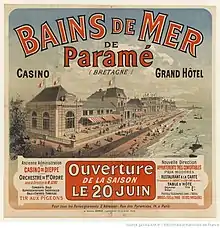 Affiche montrant le bâtiment des bains de mer le long de la plage de Saint-Malo.