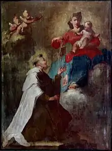 La Vierge Marie remet le scapulaire à saint Simon Stock (XVIIIe siècle). Drapeau de procession, Sanctuaire Notre-Dame de Mont Carmel à Meersburg