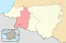 Carte des Pyrénées-Atlantiques, distinguant, en rose, l'ancienne province de Basse-Navarre