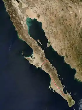 Localisation de la sierra de la Giganta sur une image satellite de la péninsule de Basse-Californie.