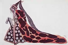 La fée Carabosse, dessin préparatoire réalisé par Léon Bakst en 1921 pour un costume du ballet La belle au bois dormant.