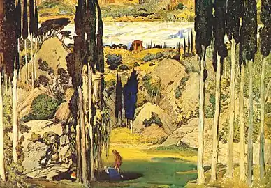 Peinture représentant un paysage planté de cyprès foncés sur fond ocre.