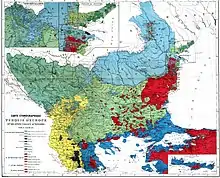 Carte ethnographique des Balkans en 1861, les Bulgares sont représentés en vert.