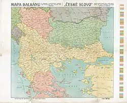 Carte représentant la Turquie d'Europe en 1912, elle occupe alors une large bande horizontale de l'Albanie jusqu'à Constantinople.