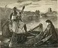 Arthur, accompagné de Merlin, allant chercher Excalibur de la main de la Dame du Lac.Illustration d'un livre de 1877.