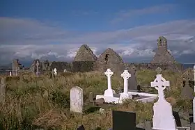 Photographie en couleurs d'un cimetière parsemé de végétation, les ruines d'un bâtiment religieux visibles au second plan.