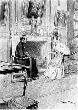 Assis au bord d'une cheminée dans un salon, un curé cause avec une dame richement habillée.
