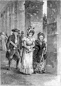 Trois personnages, un homme et deux femmes, marchent sous une colonnade.