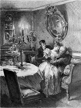 Delphine de Nucingen entre son amant, Eugène de Rastignac, et son vieux père.