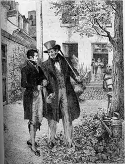 Gravure représentant deux hommes qui discutent en marchant dans une cour sous un arbre.