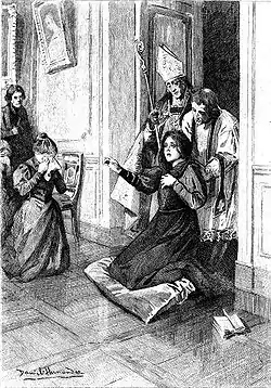 Femme à genoux dans un salon, encadrée par deux prêtres alors qu'une autre femme, sur le côté, a le visage caché dans un mouchoir.