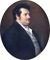 Portrait oval à l'huile du profil droit d'un homme, chemise blanche et veste noire.