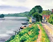 Peinture montrant un fleuve allant vers des collines boisées dans la profondeur du tableau et bordé à droite d'une petite route et de quelques maisons