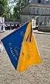 Photo montrant au premier blanc un drapeau de couleur bleu et jaune, à l'arrière des spectateurs sur un trottoir