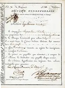 Action hypothécaire de 1.000 francs de la Banque Territoriale établie sous la raison de Chavagnac et Comp., émise à Paris le 15 brumaire an 12 (7 novembre 1803), signée de la main de Pierre Samuel du Pont de Nemours en tant que membre du conseil d'administration