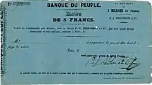 Action de la Banque du Peuple d'une valeur nominale de 5 francs, préparée pour l'émission en février 1849 et signée de la main de Pierre-Joseph Proudhon