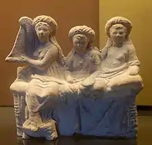 Deux banqueteurs et une hétaïre assis sur une klinê, détail. Terre cuite, v. 25 av. J.-C., provenant de Myrina, Mysie.