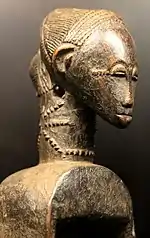 Buste en bois sombre représentant de profil une figure féminine simplifiée
