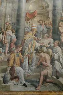 Tableau peint représentant un homme agenouillé les bras croisés sur la poitrine recevant le baptême d'un évêque