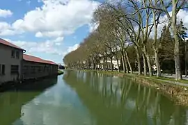 Photographie d'un canal bordé d'arbres sur la droite depuis un pont.
