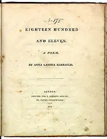 Le texte dit "Eighteen Hundred and Eleven, A Poem. By Anna Laetitia Barbauld. London: Printed for J. Johnson and Co., St. Paul's Churchyard. 1812."
