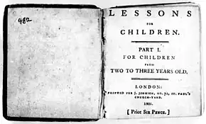 La page dit "Lessons for Children. Part I. For Children from Two to Three Years Old. London: Printed for J. Johnson, No. 72, St. Paul's Church-Yard, 1801. [Price Six Pence.]"