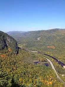 Vue au sommet d'une montagne d'une vallée boisée en automne une rivière et une route dans le fond.