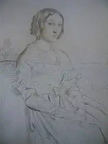 Dessin d'une jeune femme assise. Papier bleu. Daté Rome 1841 à droite.