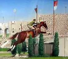 Devant des gradins combles, un cavalier en uniforme kaki et son cheval alezan franchissent un mur blanc entouré de buissons.