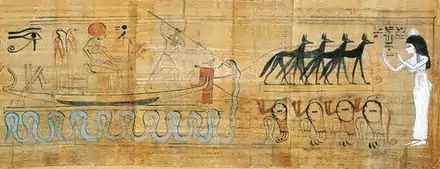 Les esprits de l'Ouest (les chacals) tirant la barque solaire tandis que Seth combat Apophis.