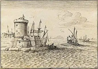 Entrée d'un port fortifié avec de nombreux bateaux