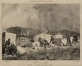 Barrière Poissonnière. Poursuite des insurgés, dans le clos Saint-Lazare (1848), lithographie.