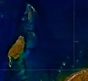 "Barrow Island" vu de l'espace. Le continent australien est en bas à droite et l'île Montebello au Nord