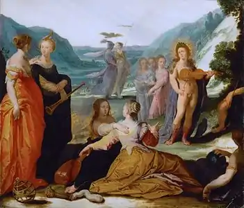 Apollon et les Muses(peinture sur marbre, ap. 1590)