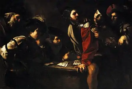 Peinture. Six hommes se tiennent autour d'une table sur laquelle sont posées des cartes à jouer.