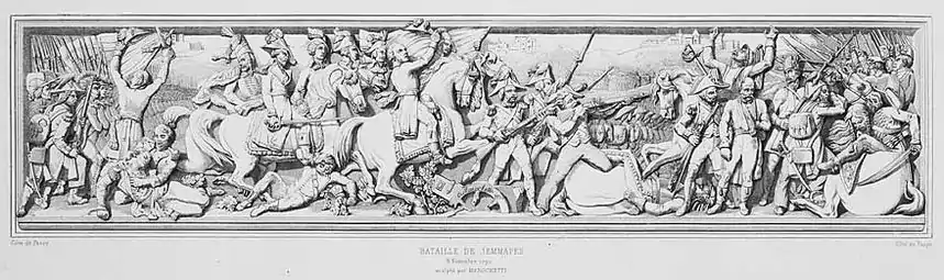Gravure d'après le bas-relief de la Bataille de Jemmapes de l'Arc de triomphe de l'Étoile à Paris (1845).