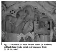 Nous y voyons une scène de résurrection ou de guérison, émanant d'une figure aux attributs d'évêque.