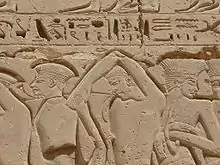 Un bas-relief ocre pâle représentant des prisonniers philistins gravés dans la roche.